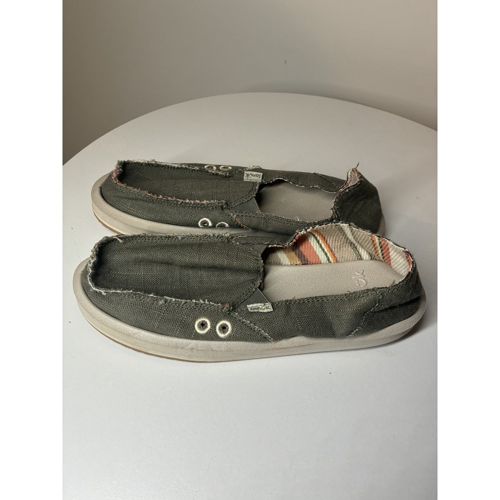 Sanuk Women's Donna Hemp loafers Smokey Olive frayed edge detailing 8